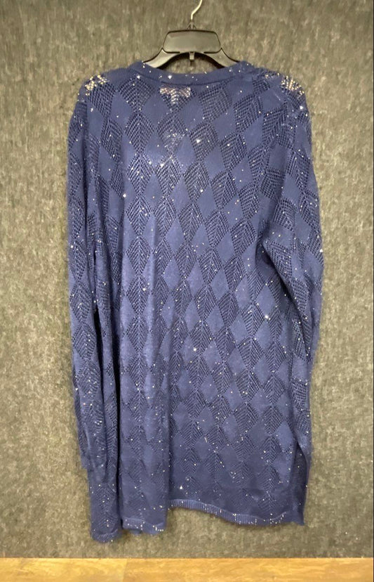 Susan Graver Women's Navy Blue Sequin Open Knit Tie Waist Duster Cardigan Sz XL