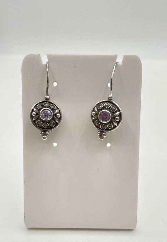925 Sterling Silver Clear CZ Marcasite Accent Latch-Back Hook Earrings 4.6g