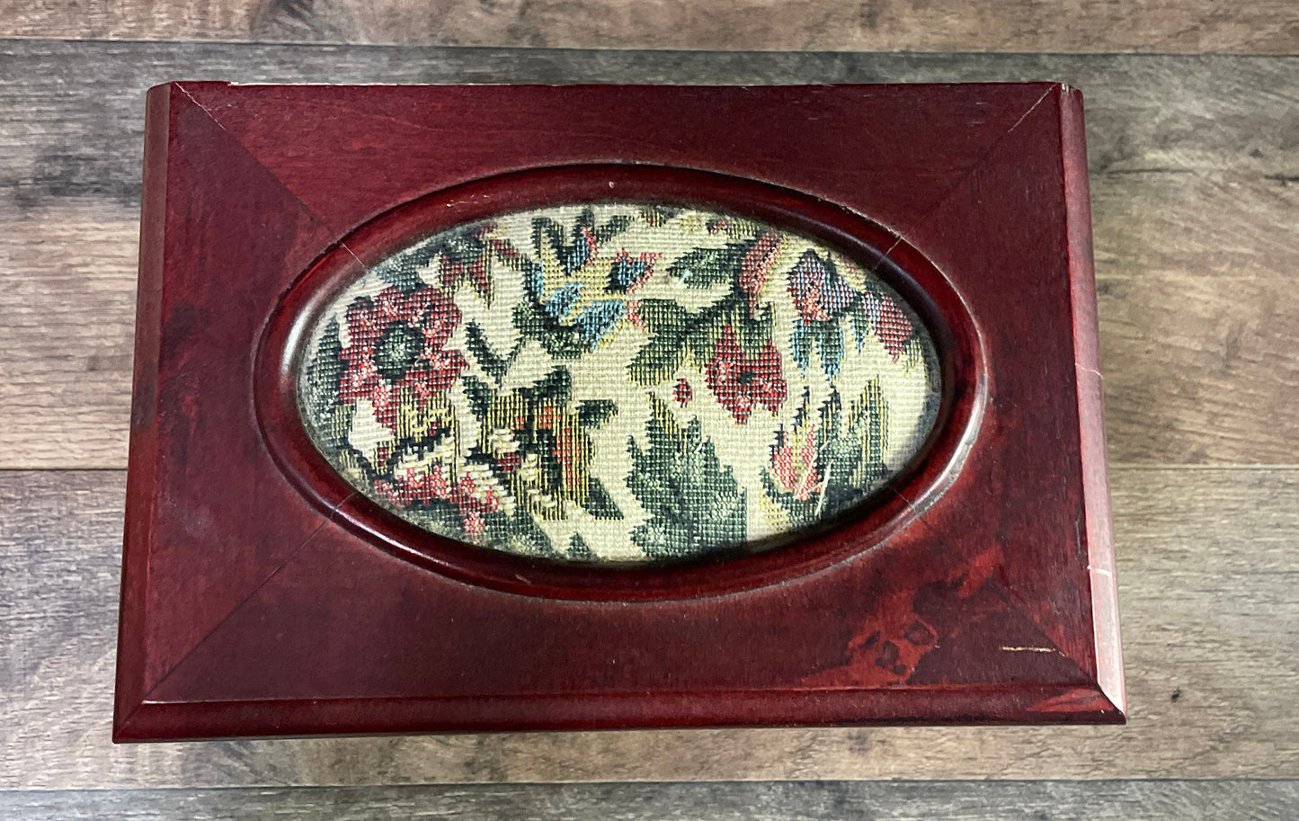 Vintage Wood Jewelry Box Tapestry Needlepoint Top Lid 2 Drawers Ring Holder