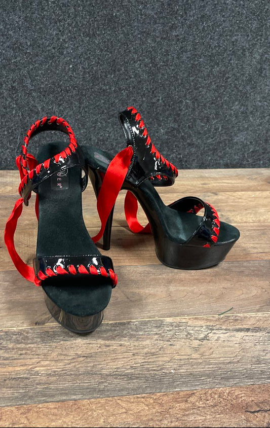 Pleaser Delight-615 Black Red Lace Up Platform Stiletto Heels Women's Size 9