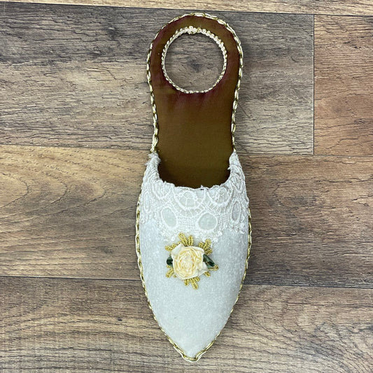Vintage Slipper Doorknob Hanger Pouch Khussa Style White Lace Rose Wall Decor