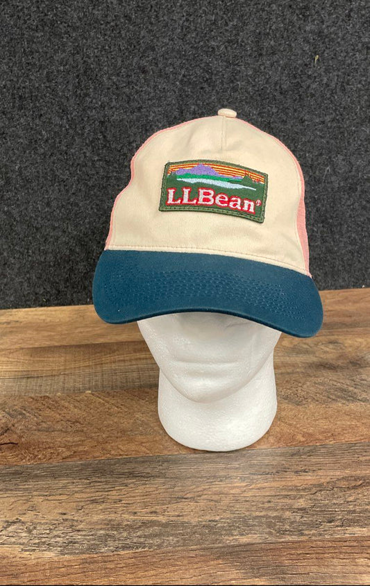L.L. Bean Unisex Trucker Hat Cream Blue Pink Mesh Back Snapback Mountain Logo