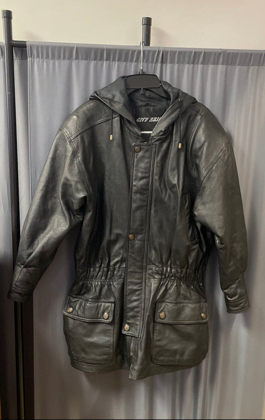 Vintage 90s City Skins Men's Black Leather Hooded Jacket Parka Sz S