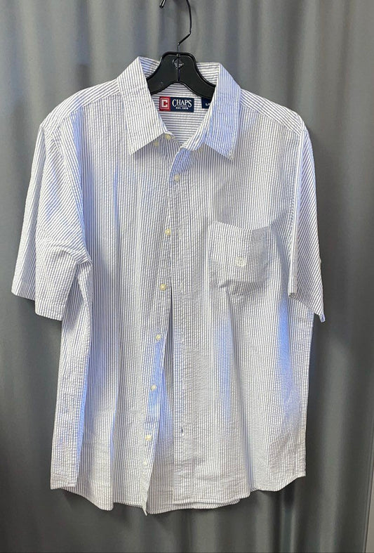 Chaps Men's Striped Seersucker Button Up Shirt White Blue Short Sleeve L
