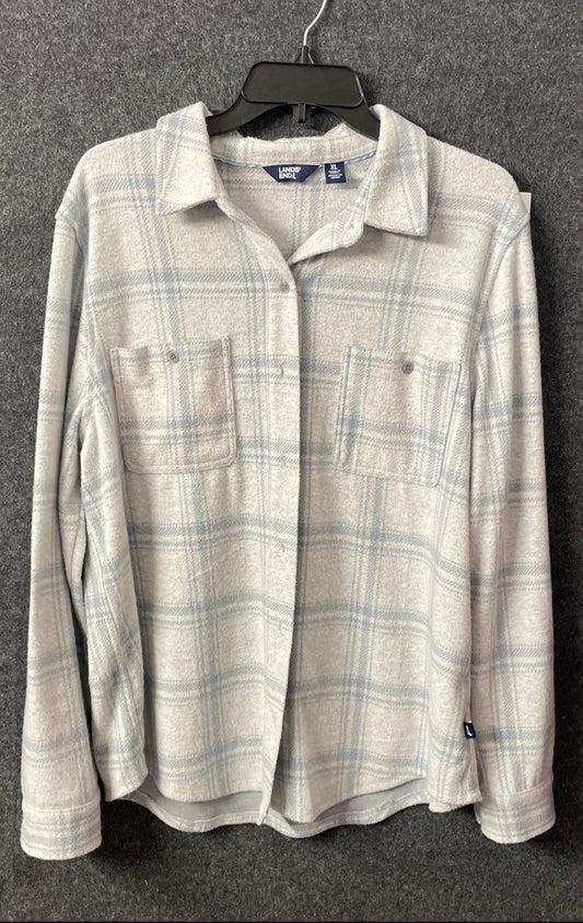 Lands' End Women's Gray White Plaid Flannel Button Up Shirt XL