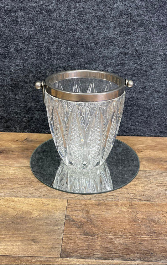 Vintage Cut Glass Crystal Ice Bucket Silver Tone Handle & Rim Barware 6"