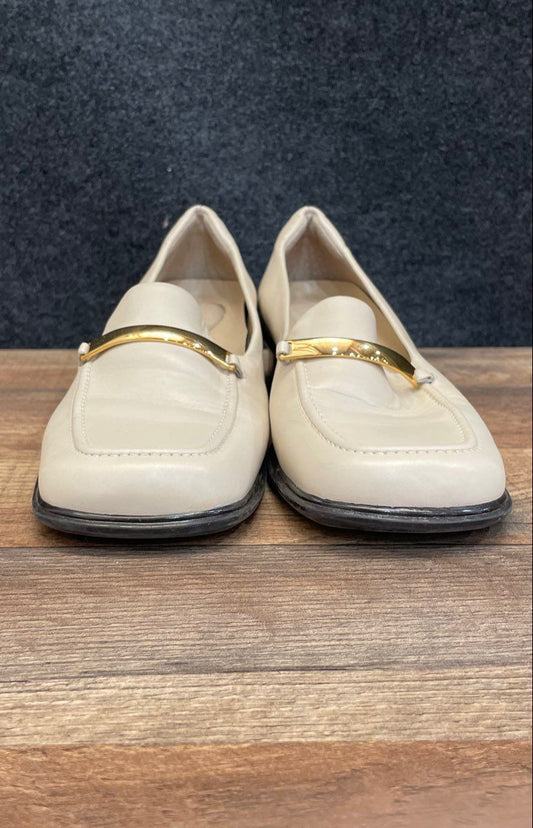 Vintage 90s Rockport Off-White Leather Horsebit Loafers Block Heel Size 7.5M
