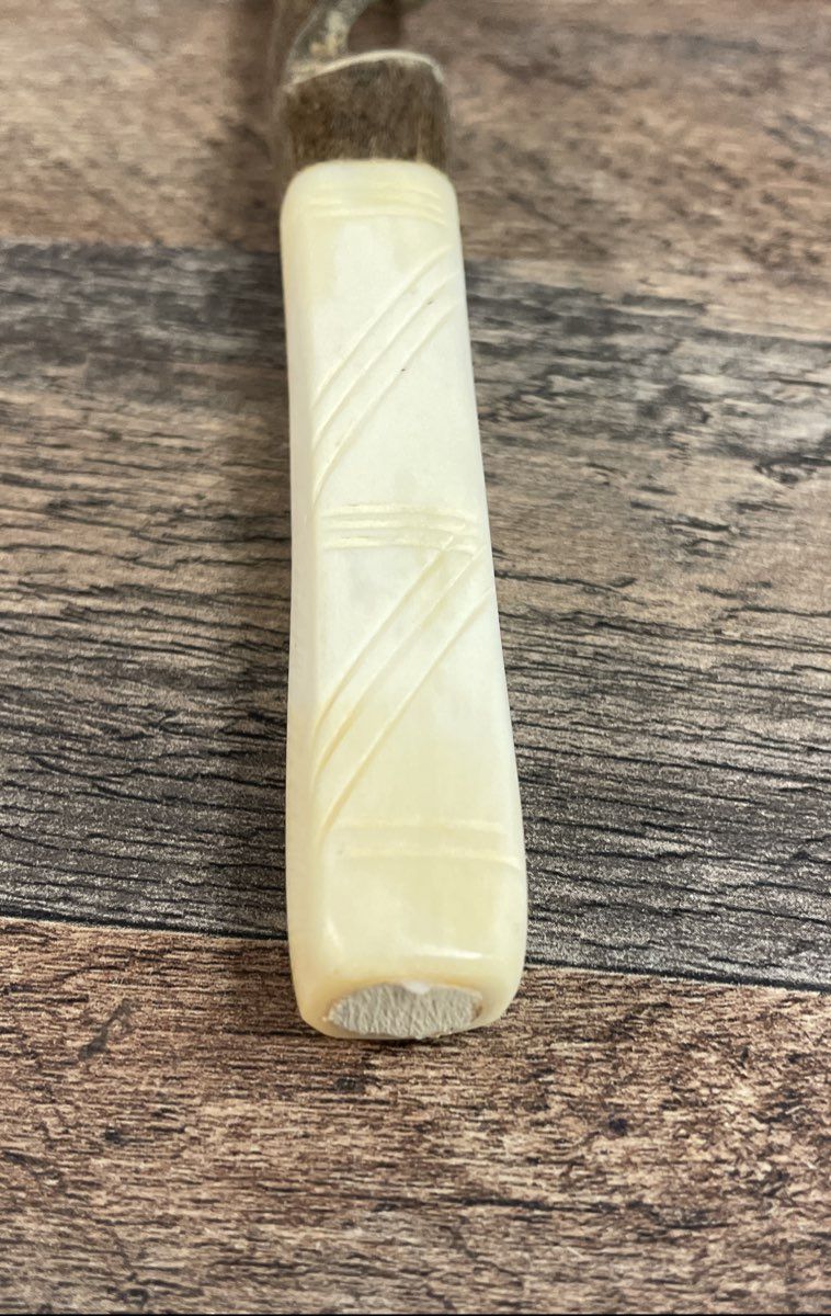 Vintage Hand Carved Wood & Bone Handle Twisted Slotted Salad Spoon Folk Art