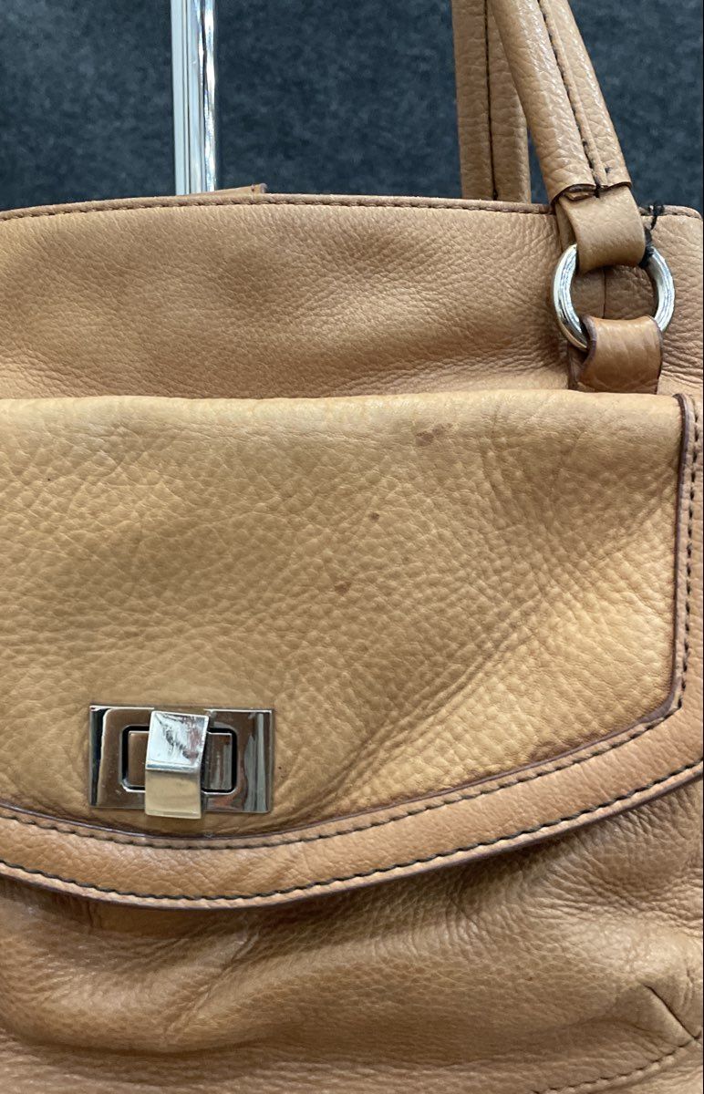 Liz Claiborne Tan Pebbled Leather Satchel Tote Bag Large Turn Lock Brown