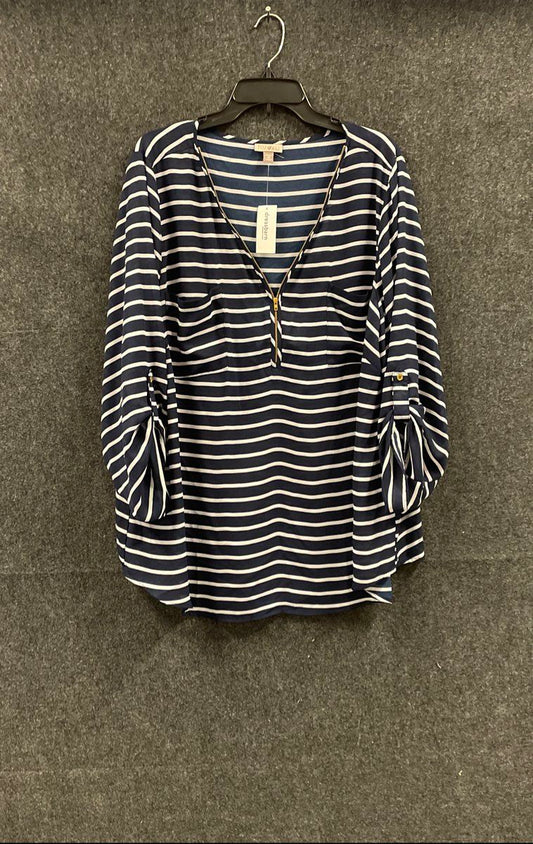 Roz & Ali Women's NWT Navy White Stripe Tunic Blouse Roll Tab Sleeve Zip Sz 3X