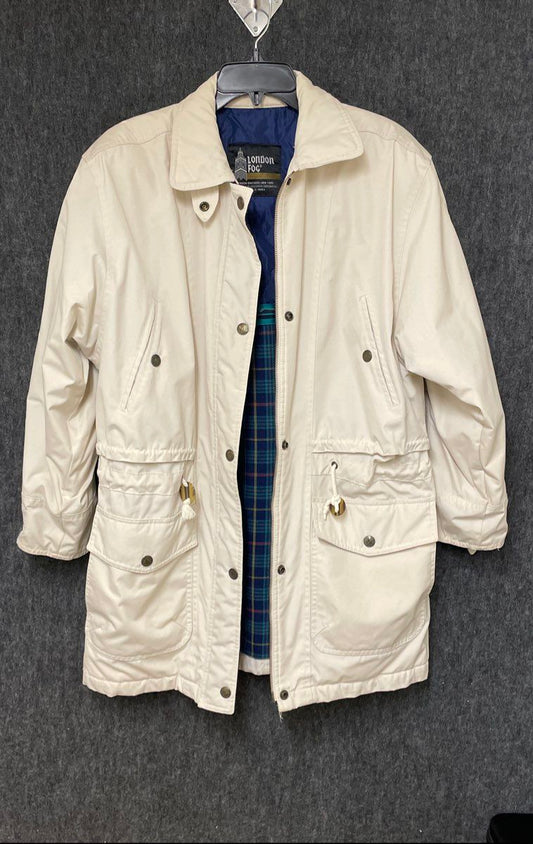 London Fog Women's Cream Plaid Lined Anorak Field Coat Vintage 90s Sz 8 Reg