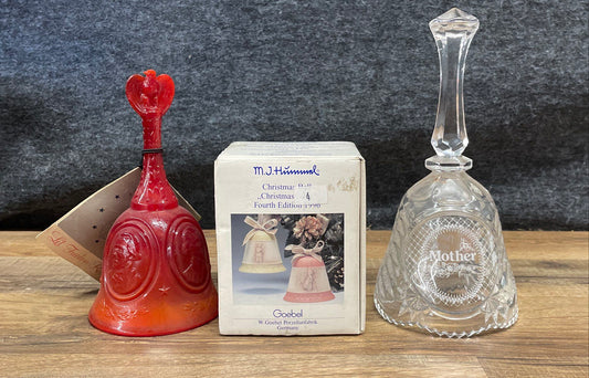 Fenton Bicentennial + Hummel 1990 + Glass Mother Bell Lot of 3 Vintage