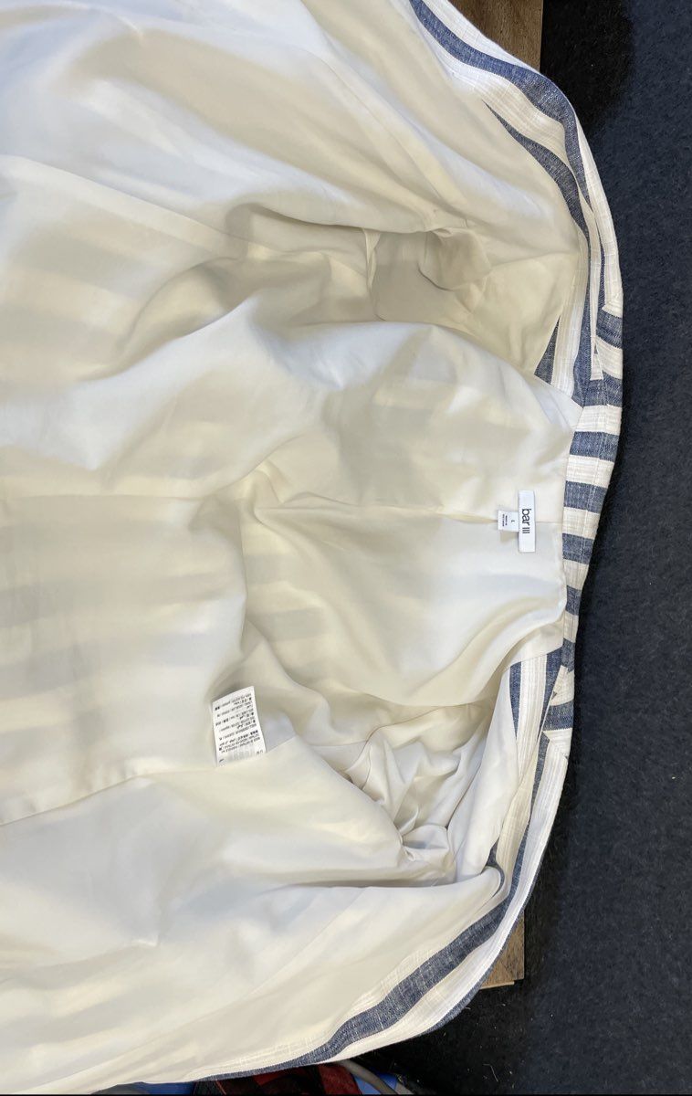 Bar III Women's Blue White Striped Cotton Linen Blend Open Front Blazer Sz L