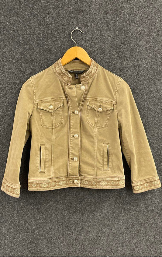 White House Black Market Women's Olive Embroidered Button Utility Jacket Sz 8