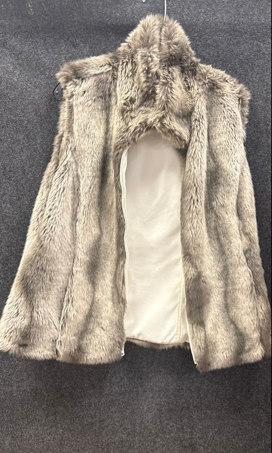 Women's Gray Faux Fur Full Zip Vest Sleeveless Stand Collar Plush