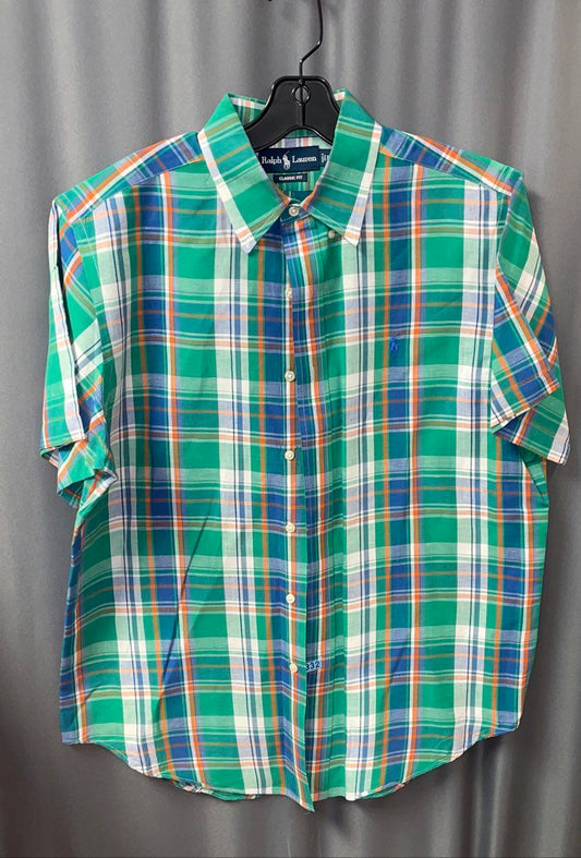 Ralph Lauren Men's Classic Fit Short Sleeve Button Up Shirt Green Orange Plaid L