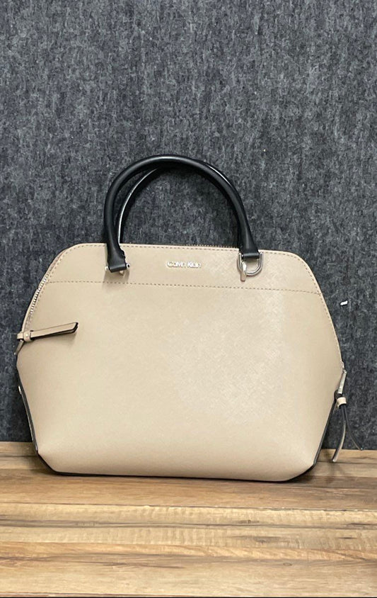 Calvin Klein Beige Black Saffiano Leather Susan Satchel Bag Silver Hardware