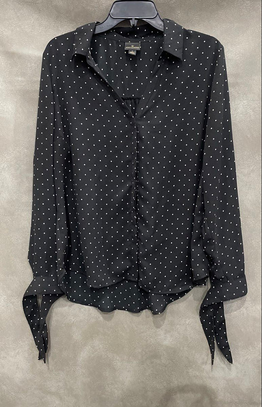 Worthington Women's Black Polkadot Button Up Tie Sleeve Blouse Size L