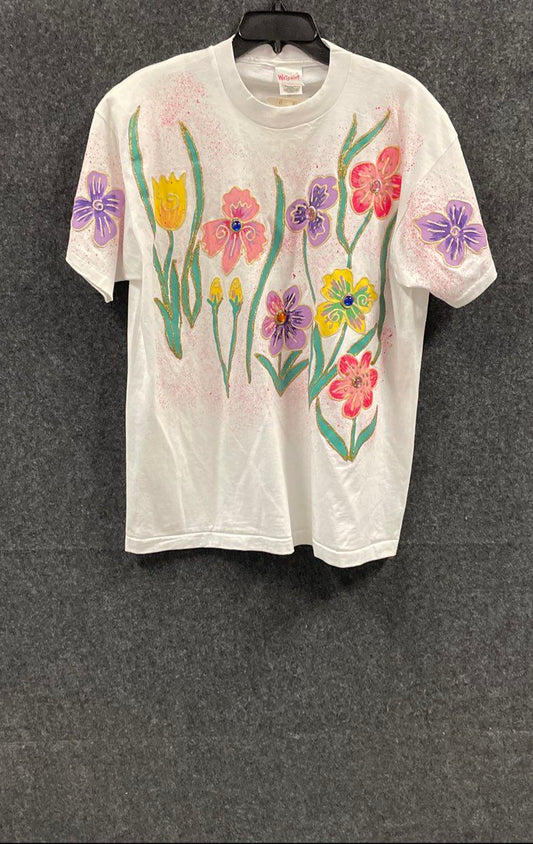Vintage 90s Wetpaint Women's White Hand Painted Floral Gem T-Shirt OSFA
