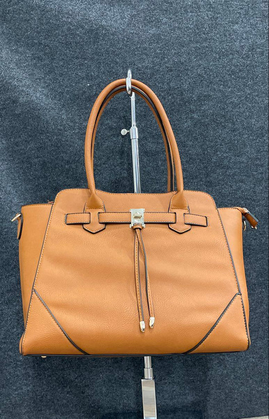 Brown Leather Satchel Tote Handbag Gold Hardware Removable Crossbody Strap