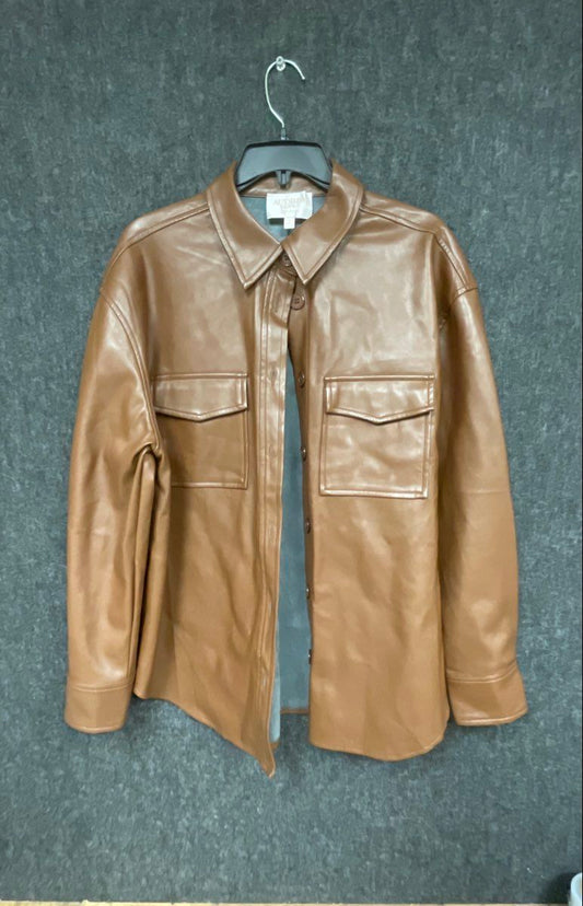 Audrey Parks + francesca's Women's Brown Faux Leather Shirt Jacket Shacket Sz L