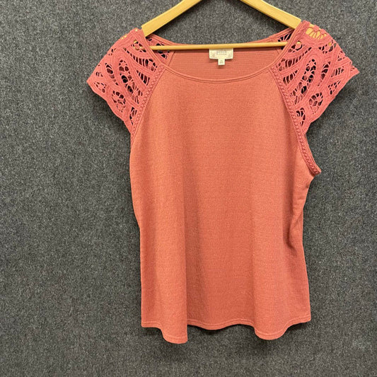 Perch By Blu Pepper Women's Blouse Dusty Rose Crochet Lace Cap Sleeve Sz 1XL