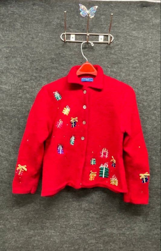 Vintage Karen Scott Sport Women's Red Wool Christmas Holiday Cardigan Sz XS