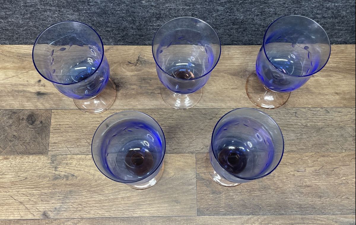 Set of 4 Pfaltsgraff Napoli Etched Cobalt Blue Goblets with Orange Stems