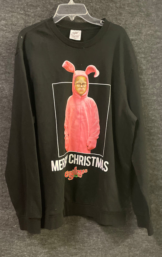 A Christmas Story Men's Sweatshirt Black Ralphie Pink Bunny Suit Graphic Sz L