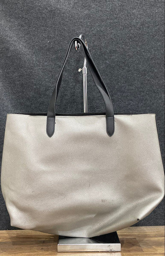 Silver Metallic Pebbled Faux Leather Tote Bag Large Black Handles