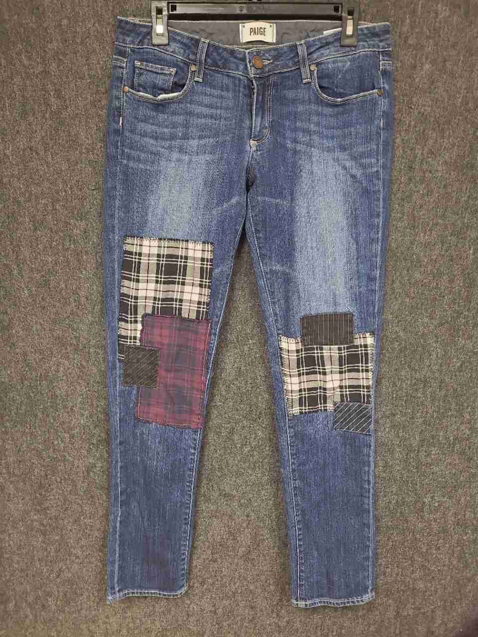 Paige Women's Jimmy Jimmy Skinny Jeans Blue Denim Plaid Patchwork Sz 27