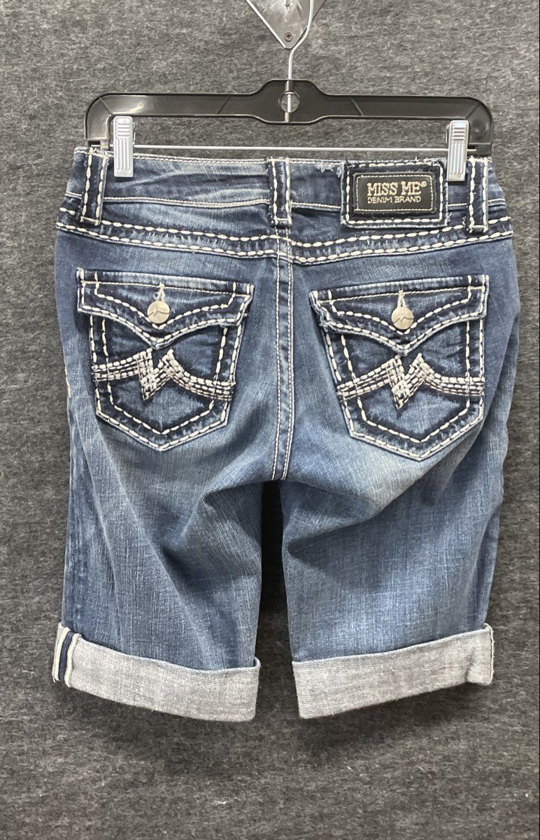 Miss Me Women's Irene Bermuda Denim Shorts Blue Heavy Stitch Flap Pocket Sz 29