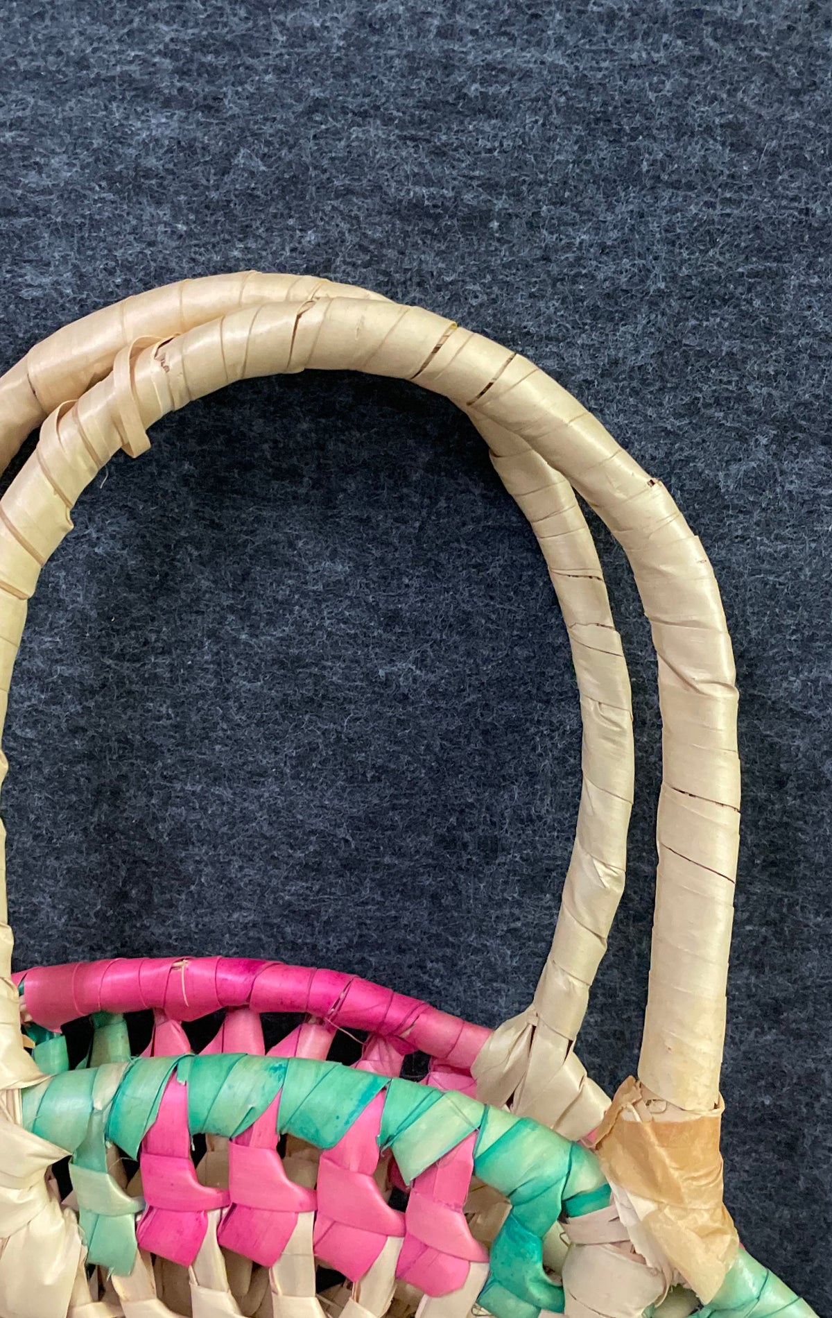 Vintage Woven Reed Round Tote Bag Pink Green Circle Straw Market Basket Purse