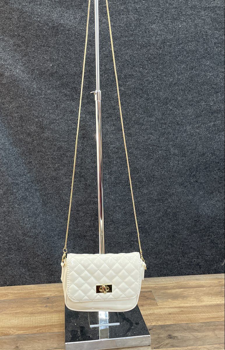 Steve Madden White Patent Quilted Flap Crossbody Bag Gold Chain Hardware