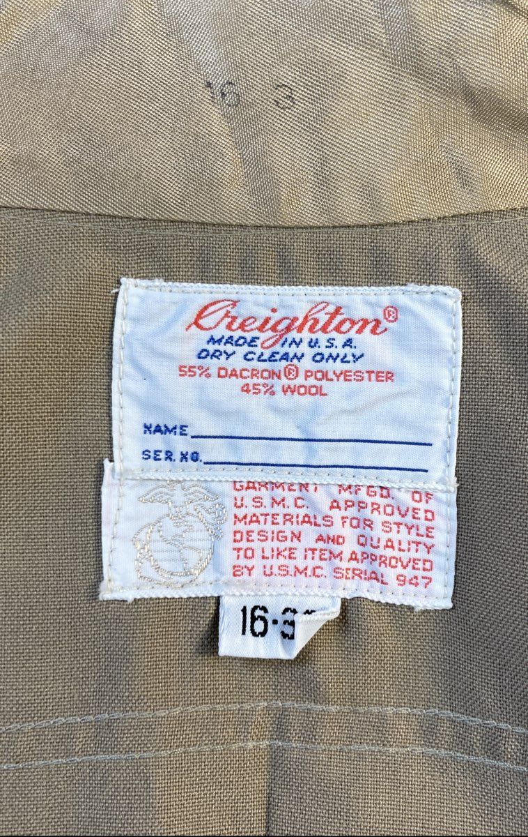 Vintage USMC Creighton Khaki Service Shirt Gunnery Sergeant Insignia Sz 16-3
