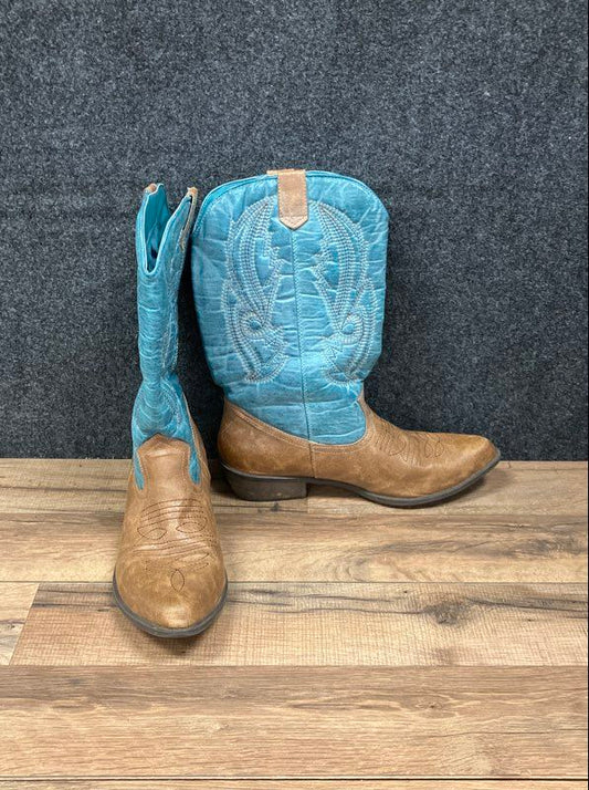Coconuts Gaucho Tan Turquoise Blue Western Cowboy Boots Women's Size 9M