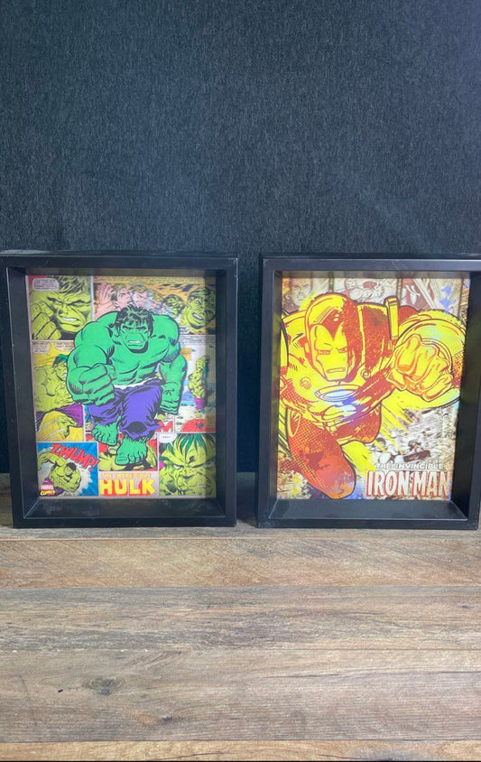 Marvel Comics Lot 2 Framed 3D Art Hulk Iron Man Comic Book Wall Decor 9x11