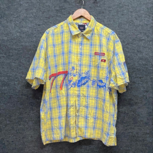Vintage 90s Bugle Boy Men's Yellow Blue Plaid Graphic Button Down Shirt 2X