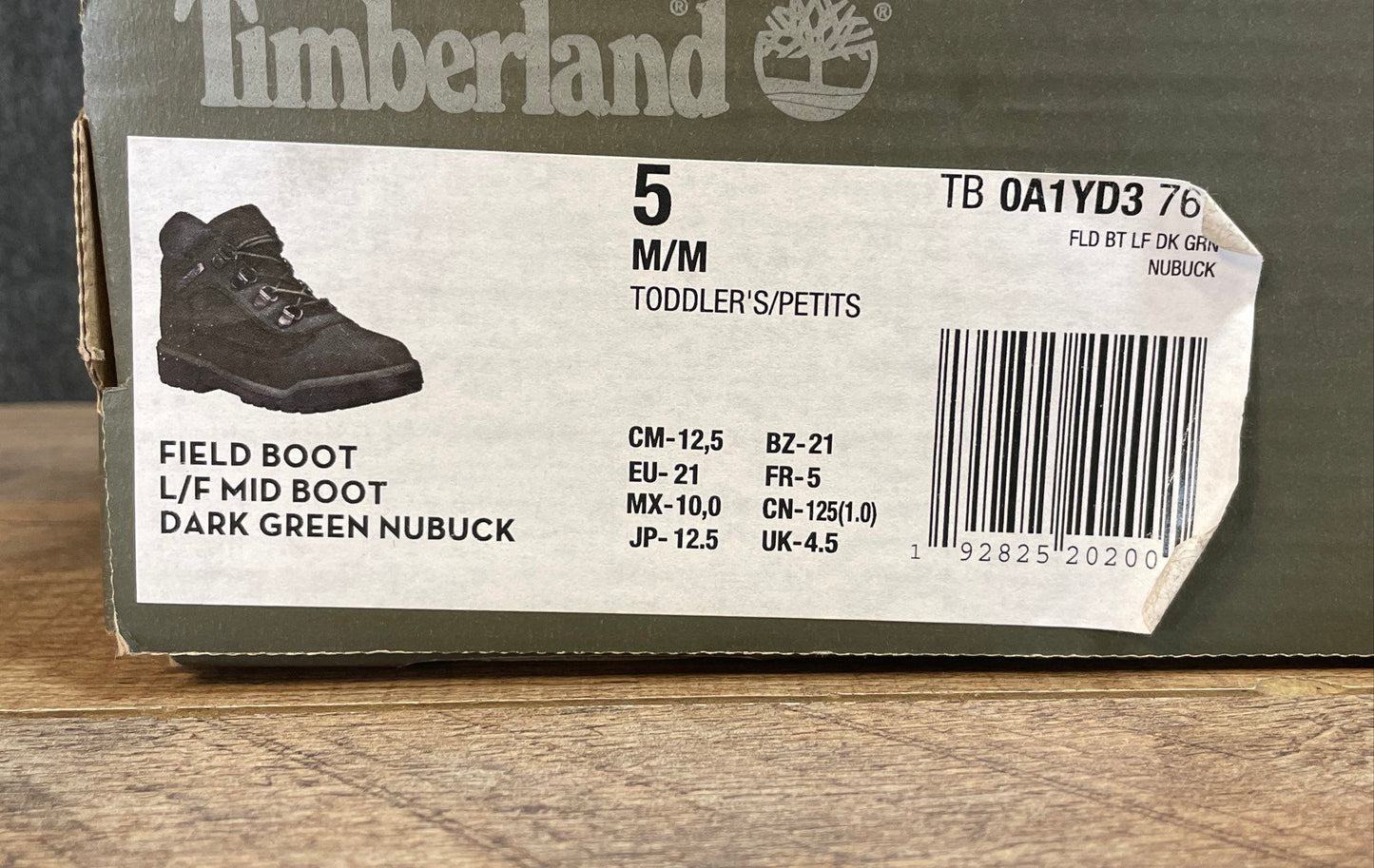Timberland Field Boot Mid Dark Green Nubuck Toddler Boots Size 5 NIB DS
