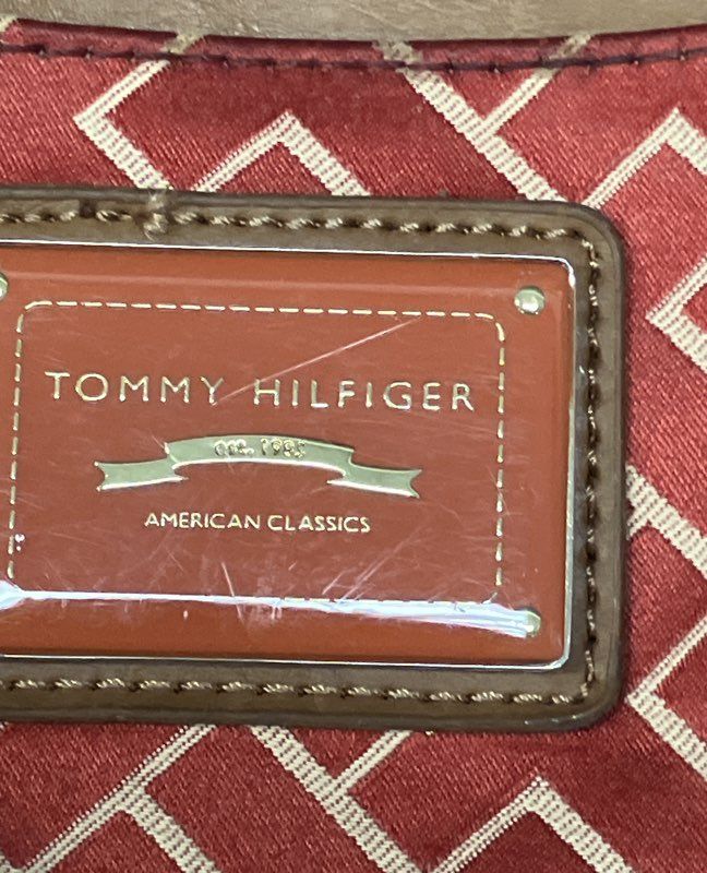 Tommy Hilfiger Red Monogram Jacquard Tote Bag Tan Trim Large Shoulder Bag
