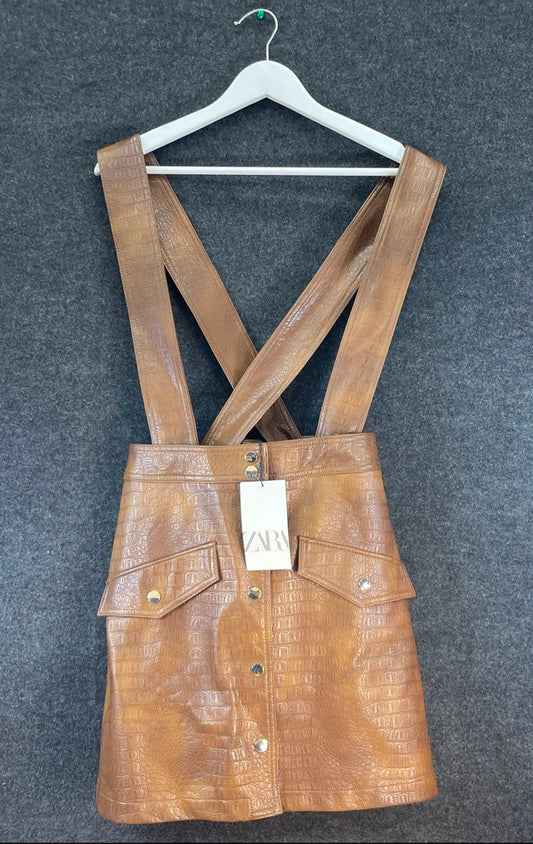 Zara Women's Brown Croc-Embossed Faux Leather Overall Mini Skirt Sz M NWT