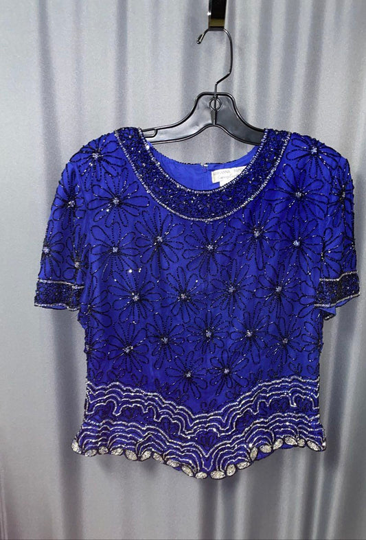 Vintage 90s Adrianna Papell Women's Blue Black Beaded Silk Blouse Top Size L