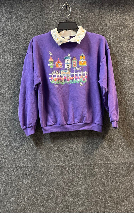 Morning Sun Women's Purple Vintage 90s Birdhouse Tweet of Dreams Sweater Sz SP