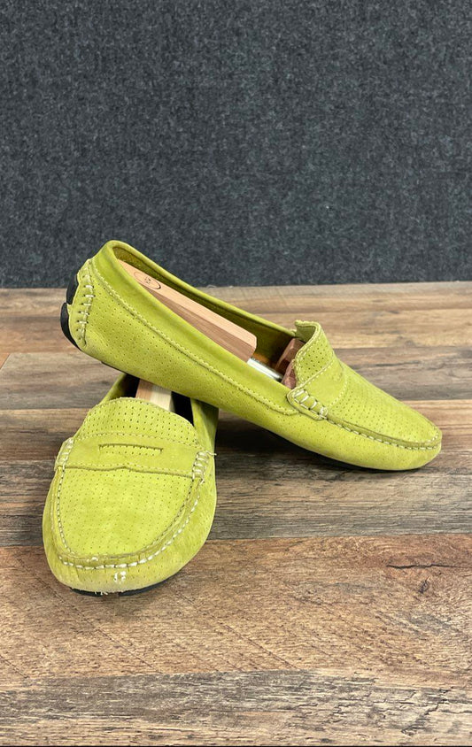 Mercanti Fiorentini Lime Green Perforated Suede Penny Driver Loafers Size 9 B
