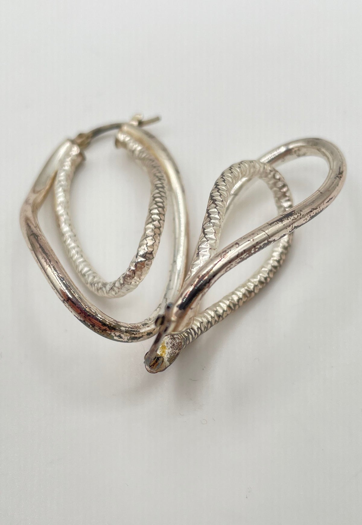 925 Sterling Silver Polished & Textured Double Twisted Oval Hoop Earrings 6.3g