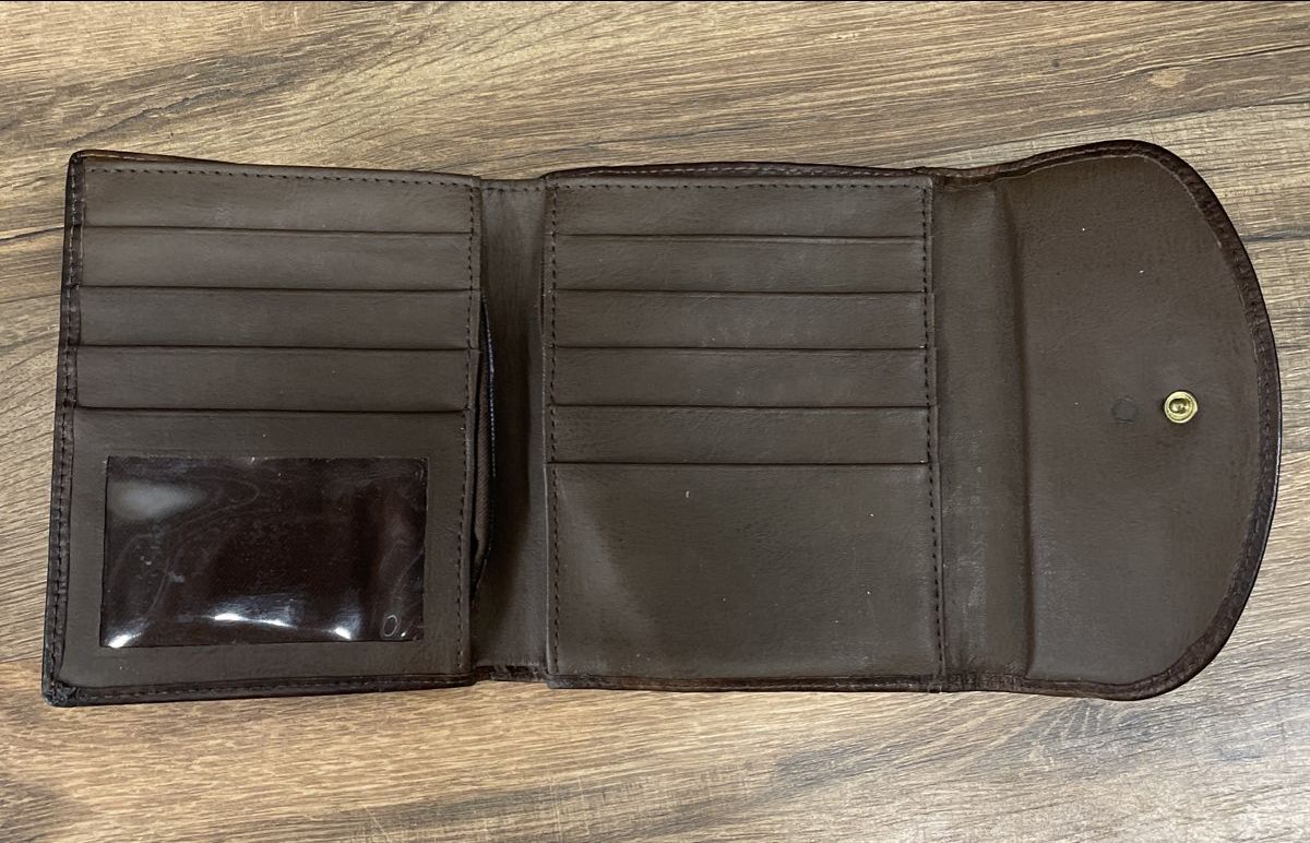 Vintage 80s Brown Leather Tri-Fold Wallet Kiss Lock Coin Purse Gold Hardware