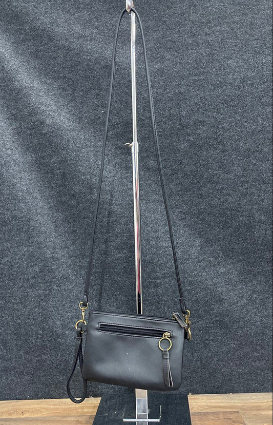 a.n.a Black Leather Triple Gusset Crossbody Bag Wristlet Brass Hardware