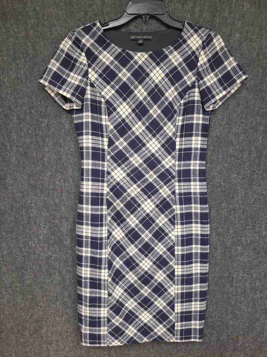Brooks Brothers 346 Women's Navy Blue Cream Plaid Wool Blend Sheath Dress Size 2