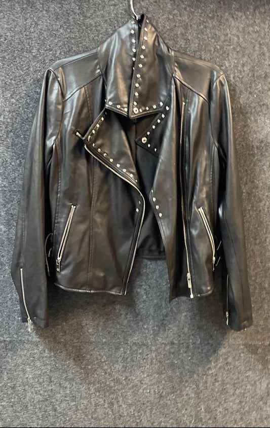 Chelsea DeBoer Women's Black Studded Faux Leather Moto Biker Jacket Sz L