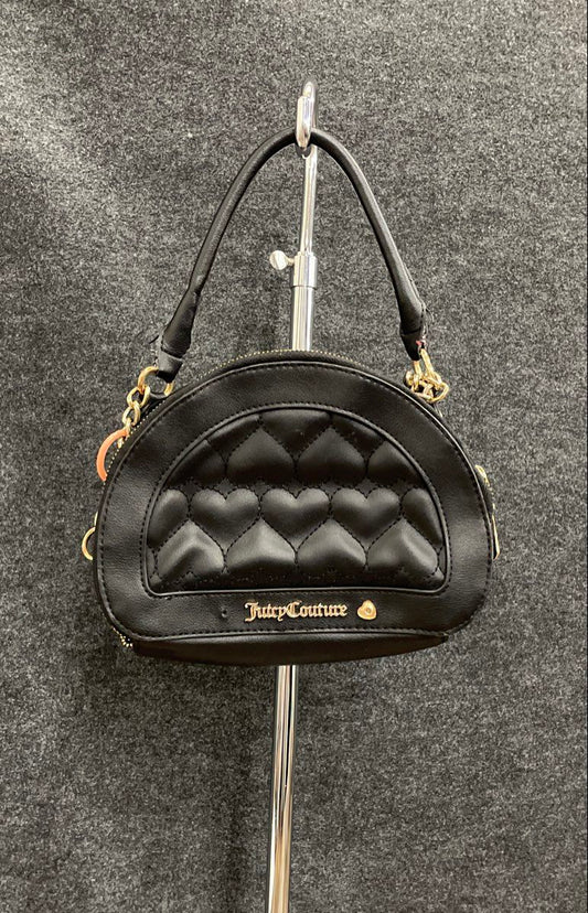 Juicy Couture Black Leather Quilted Heart Mini Dome Top Handle Purse Gold Tone